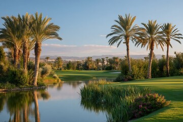Lush green golf course landscape with palm trees and serene water reflection at sunset