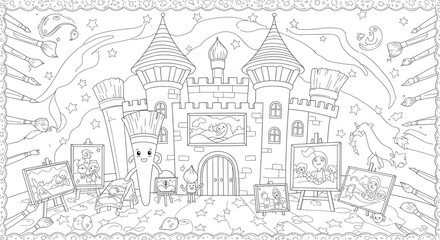 Obraz premium Enchanted Castle Coloring Page Magical Art Studio for Creative Kids
