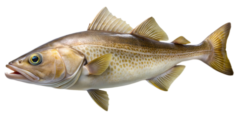 Detailed closeup of a cod fish on a bright transparent background, showing skin pattern