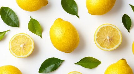Fototapeta premium A white background serves as the setting for an arrangement of vibrant yellow lemons and leaves