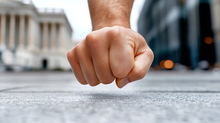 Fist Gesture Over Gray Pavement in Front of the Blurred Building
