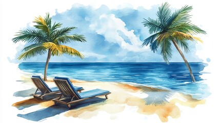 Fototapeta premium A watercolor depiction of palm trees accompanied by lounge chairs