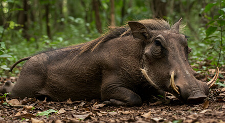 Fototapeta premium Resting Warthog In Lush Forest With Prominent Tusks And Bristly Mane