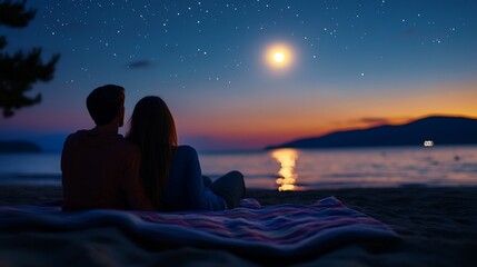 Romantic couple watching sunset over the ocean under starry night sky