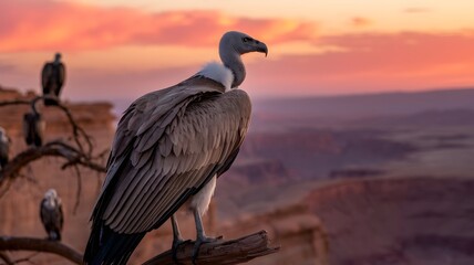 Majestic vultures perched on a branch, silhouetted against a vibrant sunset. The sky is awash with warm colors, creating a dramatic backdrop for the birds.