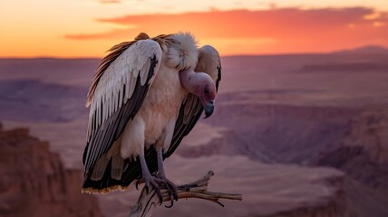 A Vulture Perched Against a Sunset Landscape