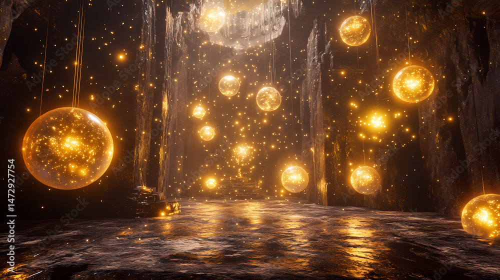 Wall mural magical relic vault glowing orbs 3d render scene video game concept background illustration digital 