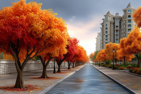 City street lined with autumn trees, lined with street lamps and stone pavement, and modern apartment buildings in background.