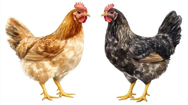A watercolor artwork features two brown hens positioned to face each other