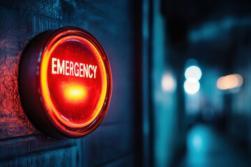 Red emergency button in dimly lit industrial corridor with blue ambient lighting