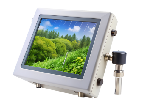 Industrial touchscreen monitor displaying a lush green landscape with a blue sky background