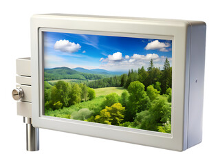 Fototapeta premium Scenic Mountain Landscape Displayed on a Modern White Enclosed Screen