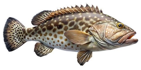 Fototapeta premium Detailed digital illustration of a Brown Spotted Grouper fish on transparent background