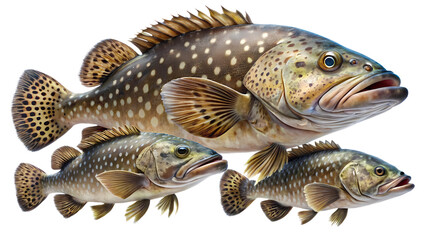 Naklejka premium Three colorful grouper fish on a stark white background showcase