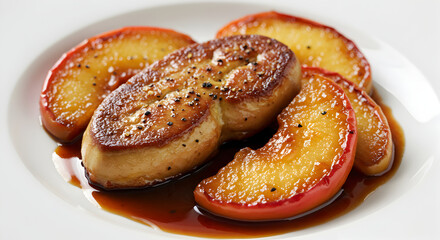 Seared Foie Gras with Caramelized Apples Plated on a White Plate
