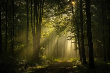 Obraz premium Sunlight streams through misty forest (3)