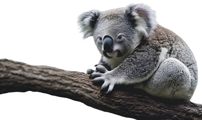 Obraz premium Koala bear sitting on eucalyptus tree branch isolated transparent background PNG file clipart cutout