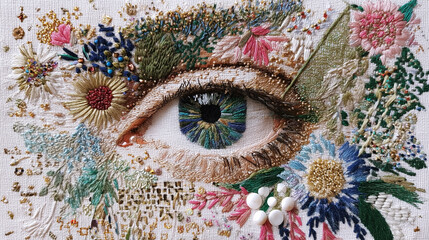 Artistic eye embroidery with intricate floral design
