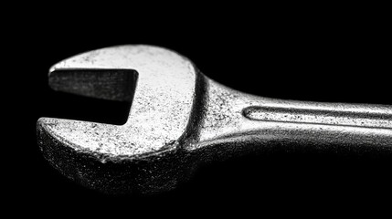 The image depicts a chrome wrench in close proximity on a darkly colored background