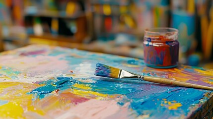 Fototapeta premium A workshop table holds a paintbrush with bright colors and a accompanying paint jar