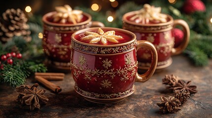 Gluhwein a festive setting with holiday decorations soft ambient lighting casting a cozy glow on the mug blurred background with seasonal vibes warm red tones of the drink