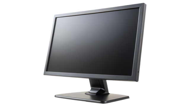 Professional LCD monitor in dark gray color with stand on transparent background