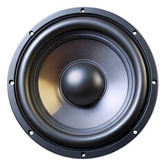Close up view of a shiny black speaker on a transparent background