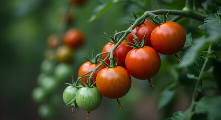 Close Up Of Ripe And Unripe Cherry Tomatoes Growing On A Branch