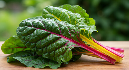 Vibrant Rainbow Chard Displaying Freshness on Wooden Surface Against Green Backdrop