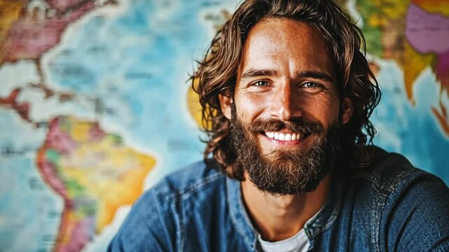 Jesus Christ in leisure T-shirt with world map as background