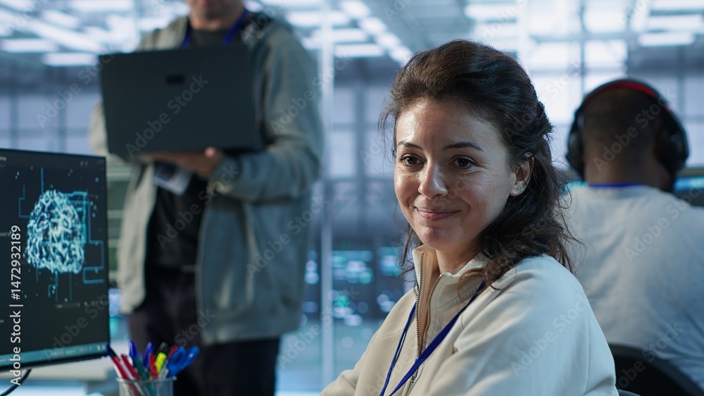 Poster portrait of upbeat woman working in high tech ai facility providing computing resources for differen