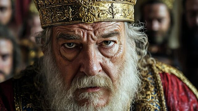 old King Solomon wearing gold crown and red robe looking at camera, ancient old king