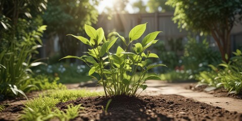 A young plant in a sunny garden, strong stems, healthy foliage ,  foliage,  growth