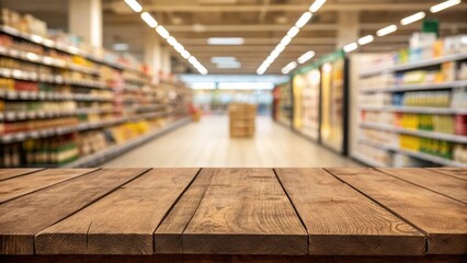 Wooden board, empty table in front of blurred background super market.