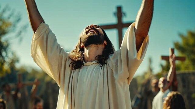 Jesus Christ cheerful happy with cross as background, It's finished