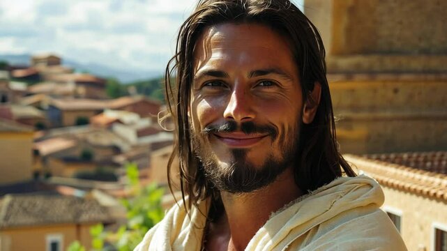 Jesus Christ in ancient time standing at hill with Jerusalem town background	

