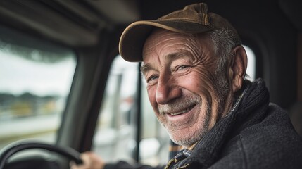 Happy senior truck driver smiling in his vehicle cabin man old cap road face grey hair work smile