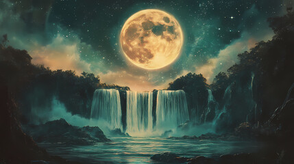 Fototapeta premium A floating moon above twin waterfalls falling in opposite directions, stars glowing in a cosmic balance. [Crimson Rain] | Scarlet Veil | falling glow. Illustration