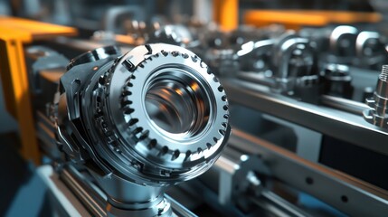 Fototapeta premium Close-up of metallic industrial gear mechanism, detailed engineering, intricate design, precision machinery, 3D rendering