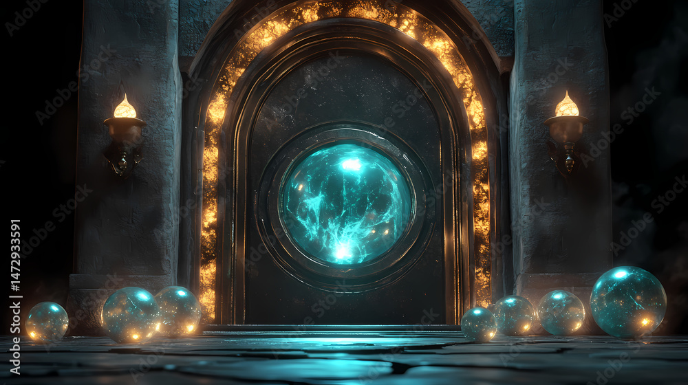 Wall mural magical relic vault glowing orbs 3d render scene video game concept background illustration digital 