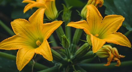 Fototapeta premium Floral Display Of Vibrant Courgette Flowers In Full Bloom Close Up