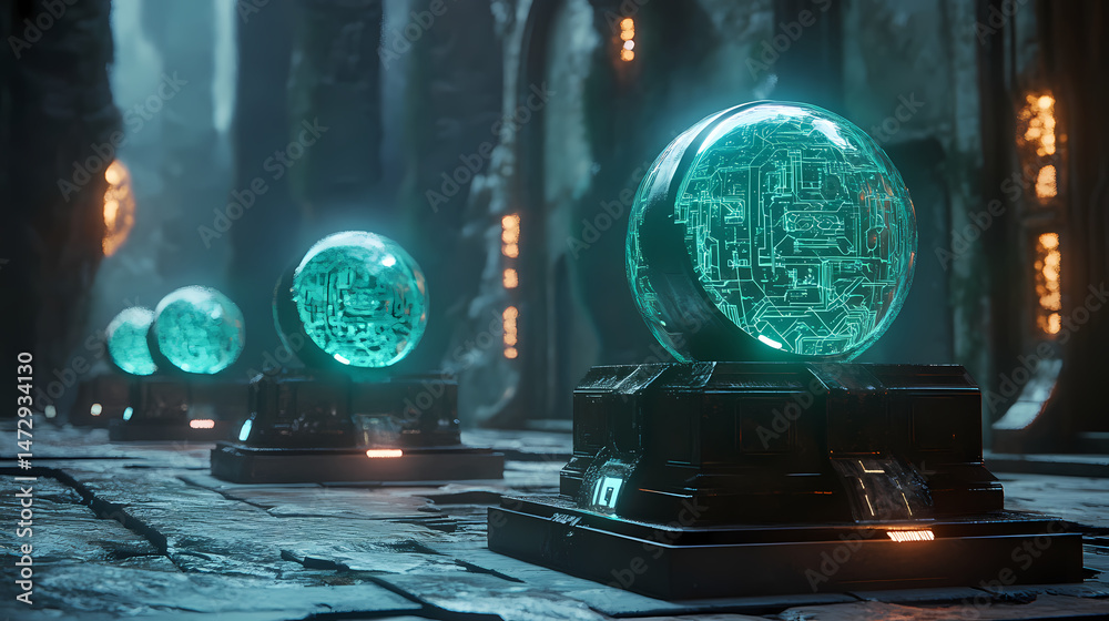 Wall mural magical relic vault glowing orbs 3d render scene video game concept background illustration digital 
