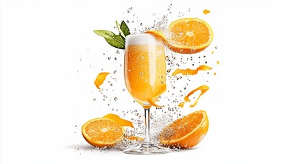 Refreshing orange juice in a glass with splashing liquid and orange slices