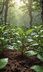 Close-up of thriving coffee plant seedlings, beautiful natural backdrop ,  coffee bean,  natural
