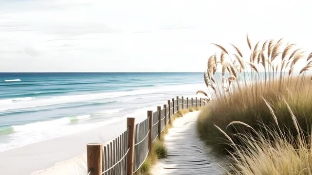 Wooden Boardwalk on a Serene Overcast Beach &ndash; 4K Coastal Ambience