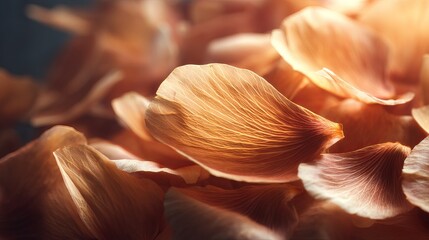 Closeup view of delicate peach rose petals illuminated by soft sunlight art warm life macro color