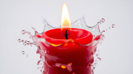 Closeup of a Burning Red Candle with Water Splashing Around