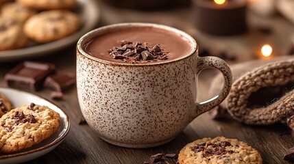 Hot chocolate mug beside plate of cookies cozy ambiance with shallow depth of field focusing on the mug soft natural light adds to the warmth and comfort