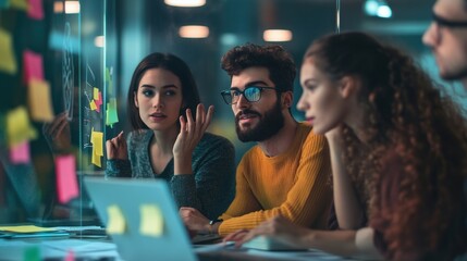 Team Brainstorming Together Over Laptop in Office Planning Strategy
