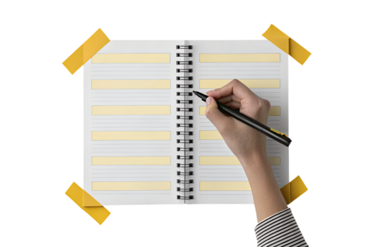 Planner notebook writing goals organization plan on transparent background